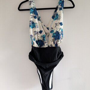 Cupshe Blue Floral and Black One Piece Swimsuit